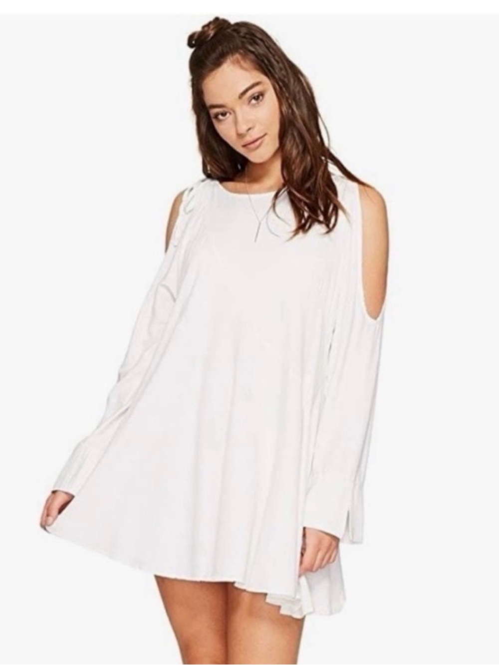 Free People White Cold-Shoulder Mini Swing Dress